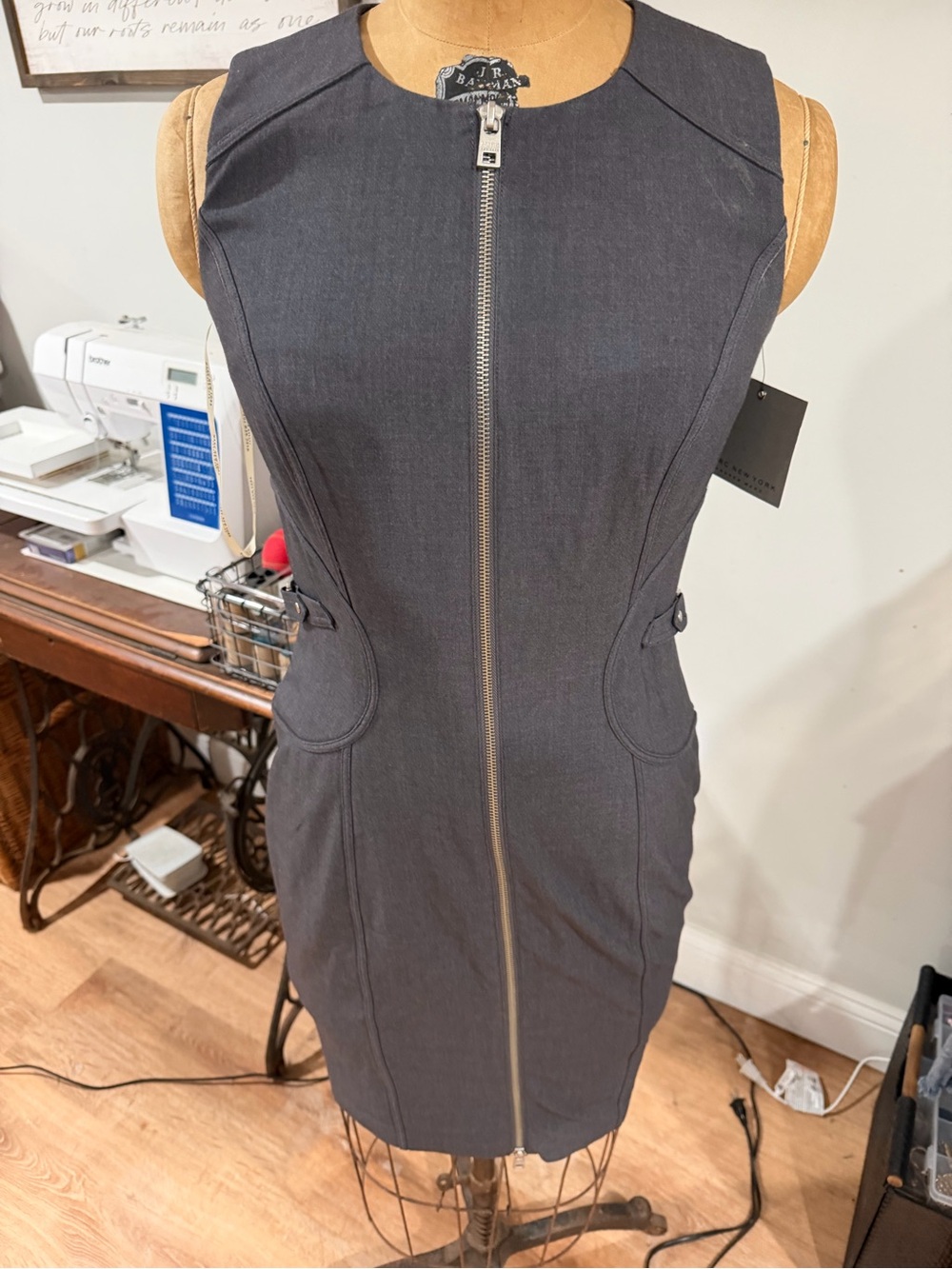 Marc New York Charcoal Zip-Front Sleeveless Sheath Dress